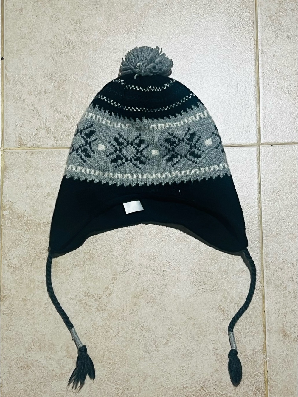 Unk Black & Gray Knit Pom-Pom Earflap Hat for Kids